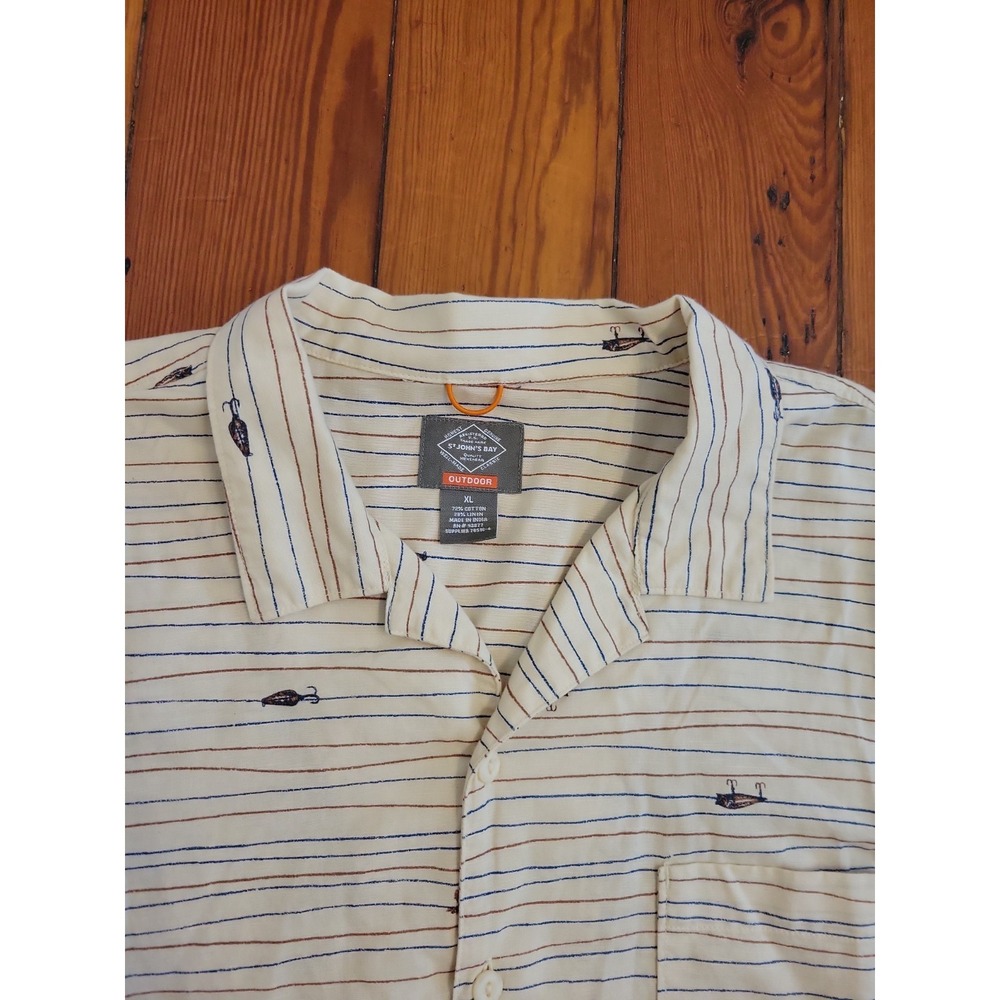 St Johns Bay Mens XL Fishing Lure Button Up Linen Cotton Blend Vacation Casual - Picture 2 of 10